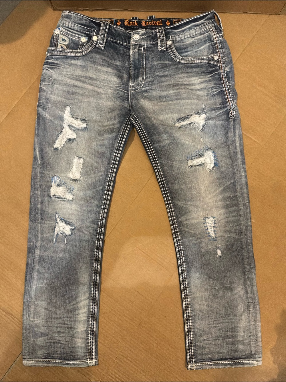 New Rock Revival Cashew Distressed Slim Straight Jeans Men Sz 30x31